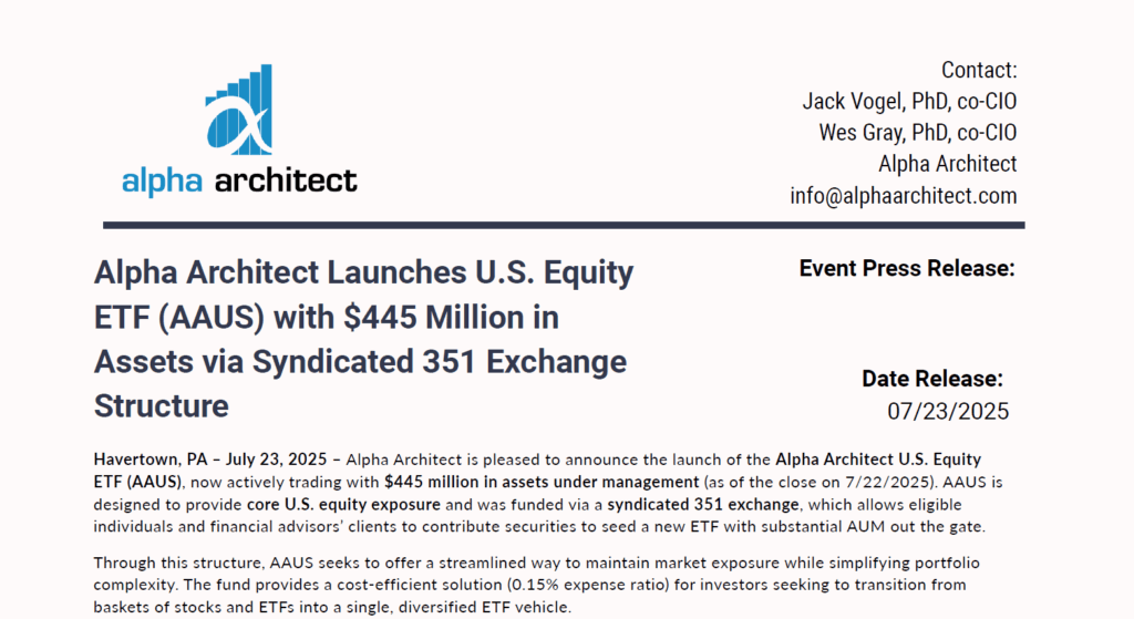 Press Release | AAUS launches with $445 million via a 351 Exchange