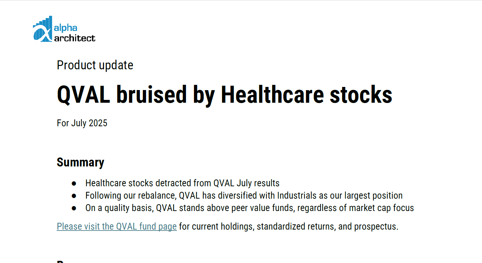 July 2025 | QVAL bruised by Healthcare stocks