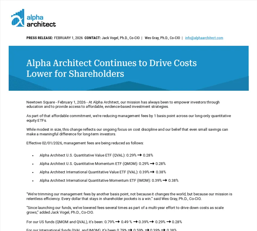 Press Release | Alpha Architect Cuts Fees by 1 Basis Point